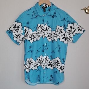 Forever 21 Hawaiian Shirt Button Up Short Slv Blue White Floral Tropical S